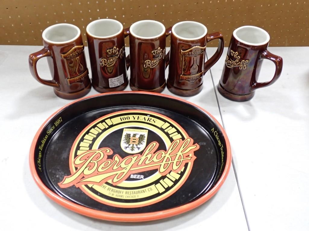 Vintage Berghoff Beer Tray and 5 Ceramic Hall Beer Mugs or Steins - 2 Barnaby's and The 3 Berghoff (1 of 10)