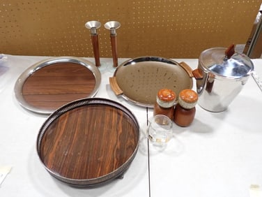 MCM Lot including Kromex Tray, Formica, Irvinware Ice Bucket, Kirk Stieff Pewter/Faux wood Tray,