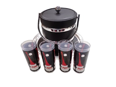 Set of Holt Howard Atomic Santa Glasses, plus an Ice Bucket and Kraftware Faux Leather and Chrome