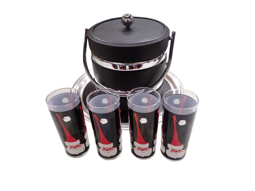 Set of Holt Howard Atomic Santa Glasses, plus an Ice Bucket and Kraftware Faux Leather and Chrome (1 of 10)