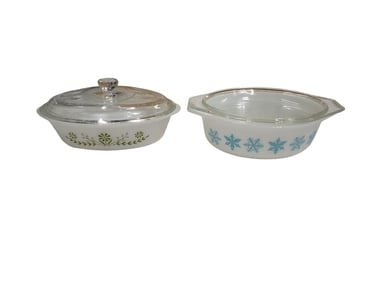 Vintage Pyrex Snowflake Casserole Dish and Vintage Glasbake Green Daisy Casserole Dish