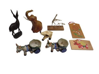 Animal Figures Lot incl Elephants, Donkey Cart Planters, Hunter Metal Figures, Carved Wood Antelope