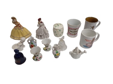 Porcelain and Ceramic Lot incl Beleek Shamrock Condiment Jar, Figurines, Small Vases, Mugs