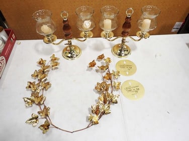 Brass Colored Metal and Wood Candle Holders and Brass Tone Leaf Wall Decorations