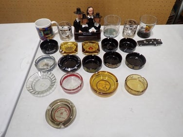 Vintage Ashtrays, LE Dutch Masters Bobblehead Coin Tray, Bar Glasses, Etc
