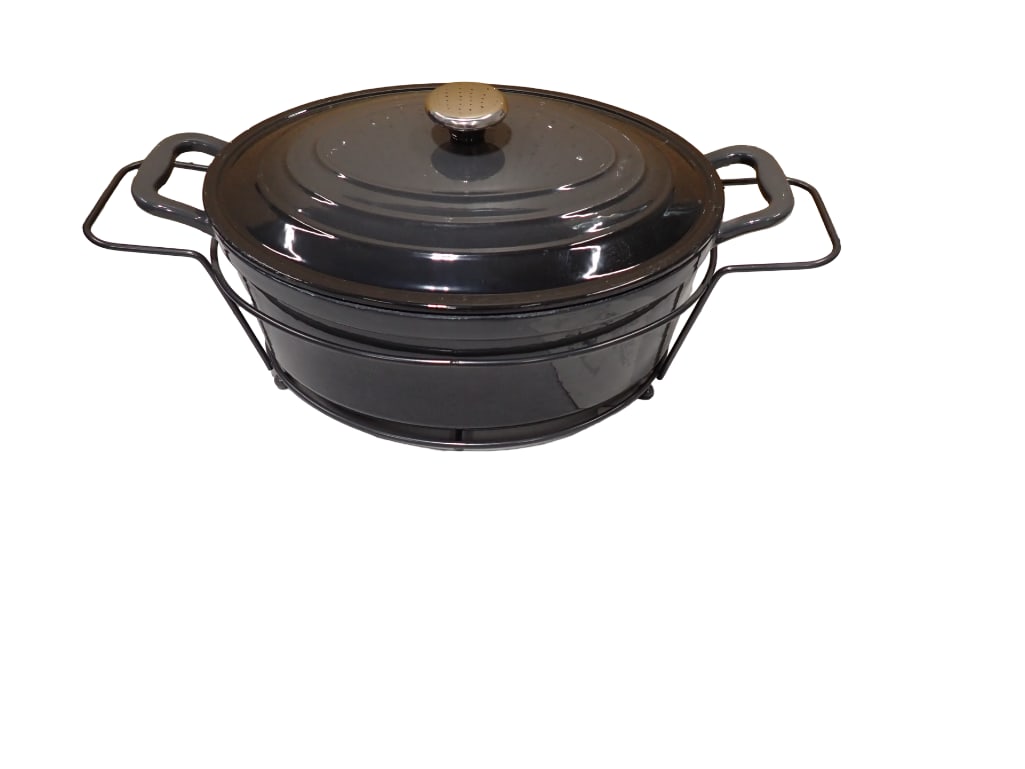 Enameled Cast Iron Dutch Oven with Rack Very Clean: Enameled Cast Iron Dutch Oven with Rack Very Clean All pictures are considered part of the description and should be examined carefully by bidders. Live Auctioneers is now offering Live Shipping thr