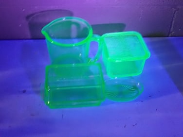 Vintage Uranium Glass or Green Depression Glass incl Butter Dish, Measuring Cup, Soap Dish, Refriger