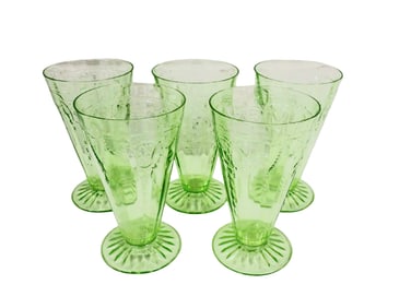 Set of 5 Vintage Green Uranium Glass Cameo Pattern Depression Glass Footed Tumblers or Soda Fountain