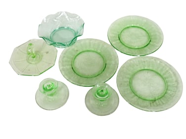 Vintage Green Uranium Glass Depression Glass Tidbit Tray, Jeannette Pointsettia Plates, Candlestick