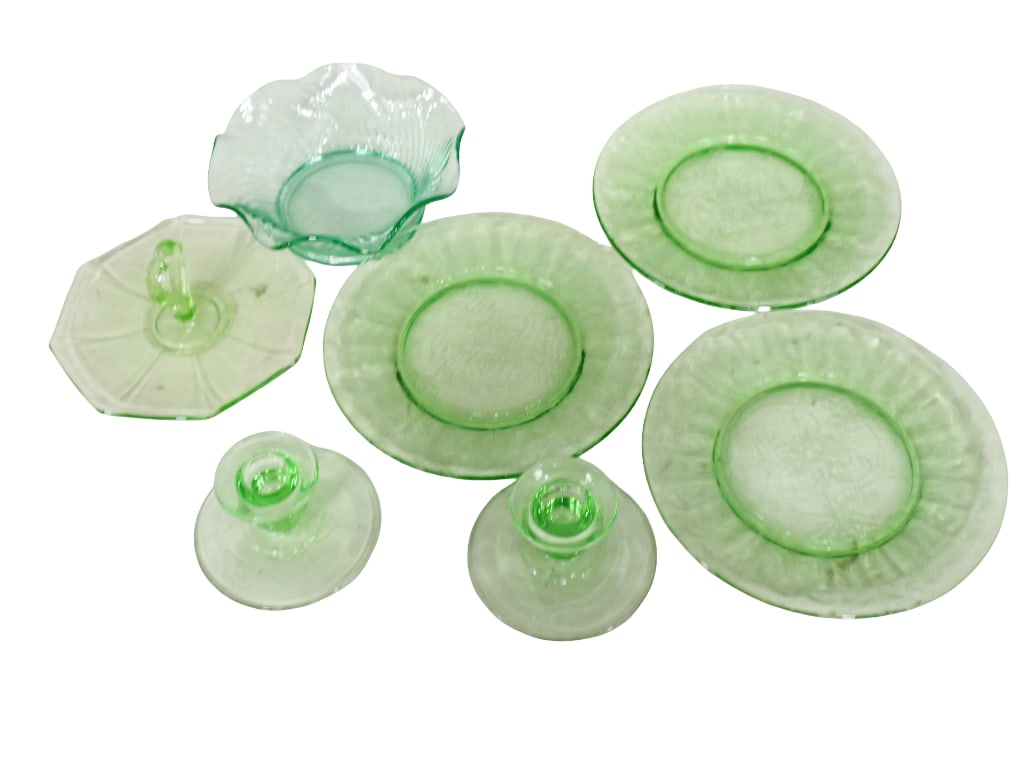 Vintage Green Uranium Glass Depression Glass Tidbit Tray, Jeannette Pointsettia Plates, Candlestick (1 of 9)