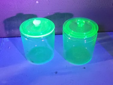2 Green Uranium Glass Depression Glass Small Biscuit Jars or Canisters