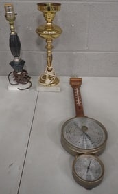 Lamps with Marble Bases and a Weather Station Wall Hanging