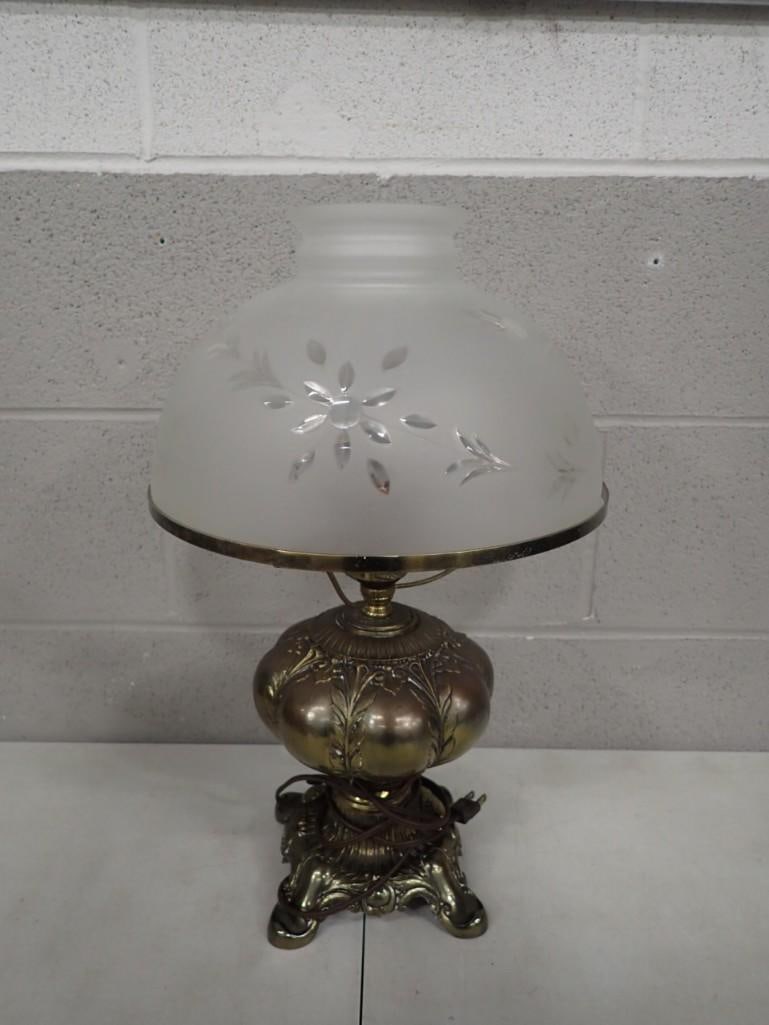 Vintage electrified hurricane oil lamp, with brass base and a frosted glass shade.  (1 of 5)