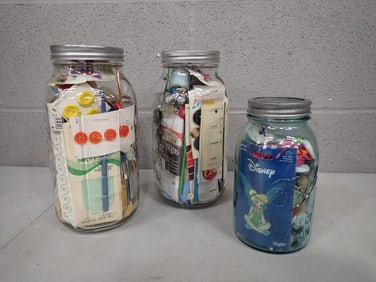 3 Canning Jars full of Buttons / Sewing Supplies including Vintage, Walt Disney, etc.