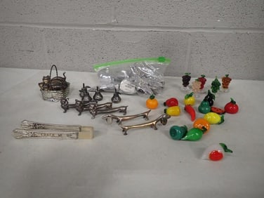 Lot of assorted Small Art Glass Fruit, Metal Animal Knife Rests including Dachshunds, Nut Cracker, e