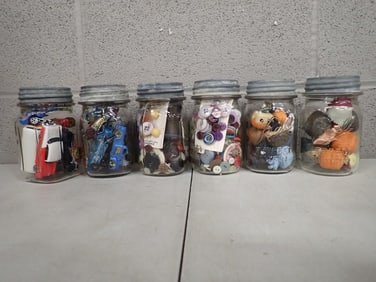 6 Vintage Ball Jars full of Toy Cars, Sewing Buttons, Funko Bitty Pops, etc.