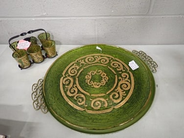 MCM Vintage Culver Shot Glass Set - Green and Gold Gilt "Baroque" and Matching Tray