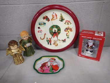 Christmas Lot including Wall Clock, Santa Claus Night Light, Vintage Plate, Paper Mache Angels