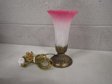 Vintage Andrea by Sadek trumpet lamp with a pink frosted glass shade and a brass base