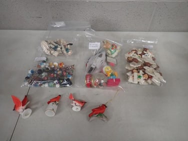 Christmas Ornament Lot, etc. including Beaded Ornaments/Keychains, clay angels, Cardinal birds, etc.