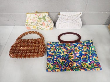 4 Vintage Handbags / Burses - Lady's Pride Paisley Print with Lucite Handles, Jacabean Crewel Linen