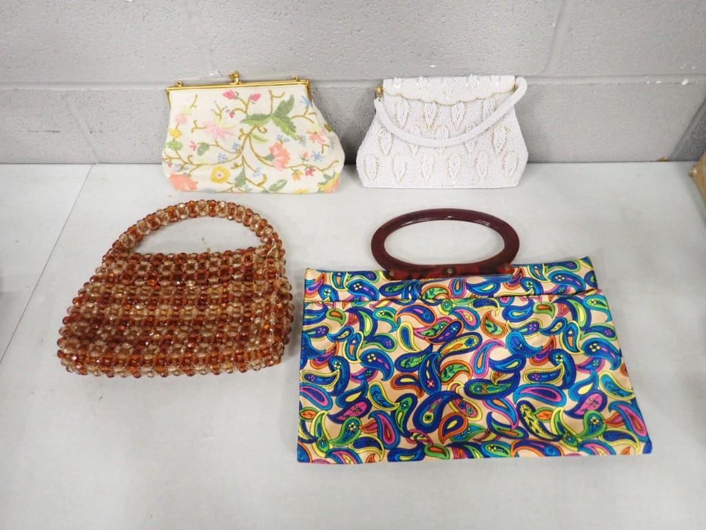 4 Vintage Handbags / Burses - Lady's Pride Paisley Print with Lucite Handles, Jacabean Crewel Linen: 4 Vintage Handbags / Burses - Lady's Pride Paisley Print with Lucite Handles, Jacabean Crewel Linen, MCM Beaded Handbag - brown, Circa 1940's Beaded Hong Kong Handbag All pictures are consider