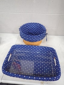 Two Longaberger Baskets - both signed - large with liner and handle, Flat Basket / Serving Tray with