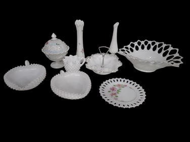 Vintage Milk Glass Lot including Vases, Lace Edges, Hand Painted, Bowls, Hobnail, Fenton Heart Shape