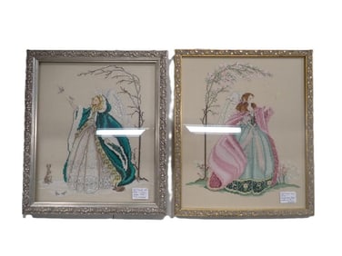 Pair of Framed Cross Stitch including Snow Angel and Windermere Angel patterns by R. Waldrop