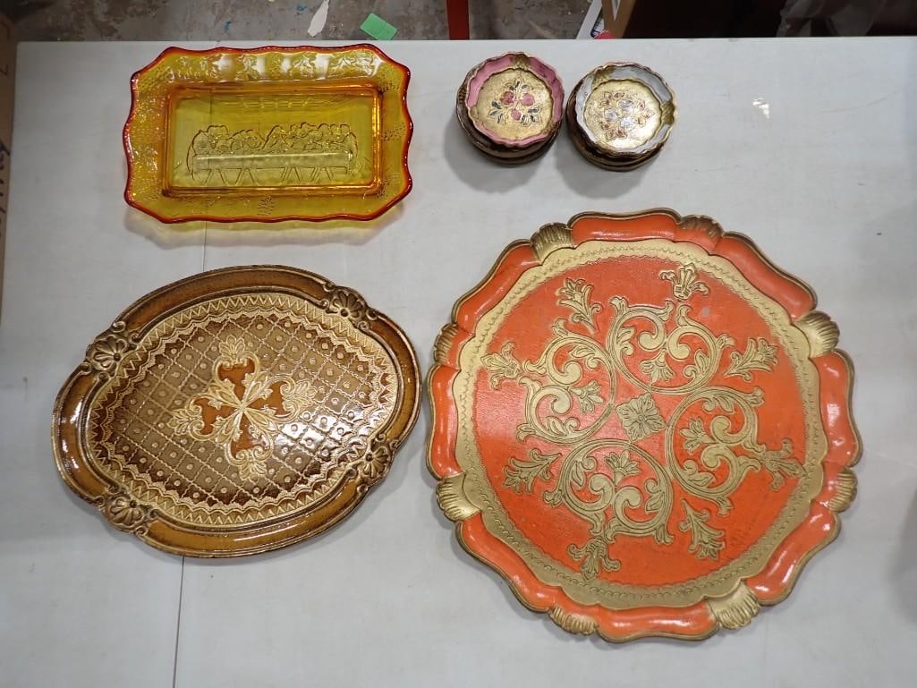 Italian Florentine Trays and Mixed Coasters and Indiana Glass Tiara Last Supper Plate (1 of 14)