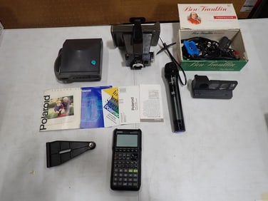 Electronics Lot including Vintage Polaroid Camera, Casio Calculator, Cords, Microphone, etc.