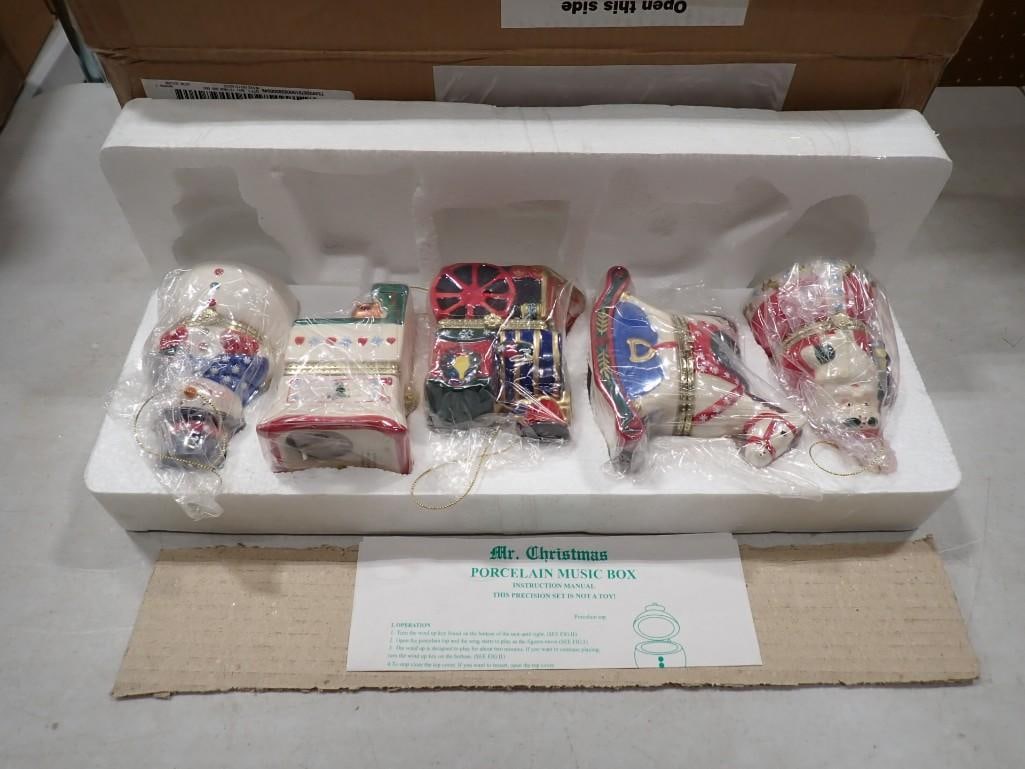 Mr Christmas Porcelain Animated Music Box Ornament Set. Each ornament has a little animated: Mr Christmas Porcelain Animated Music Box Ornament Set. Each ornament has a little animated scene inside when you open it. Comes in the original box