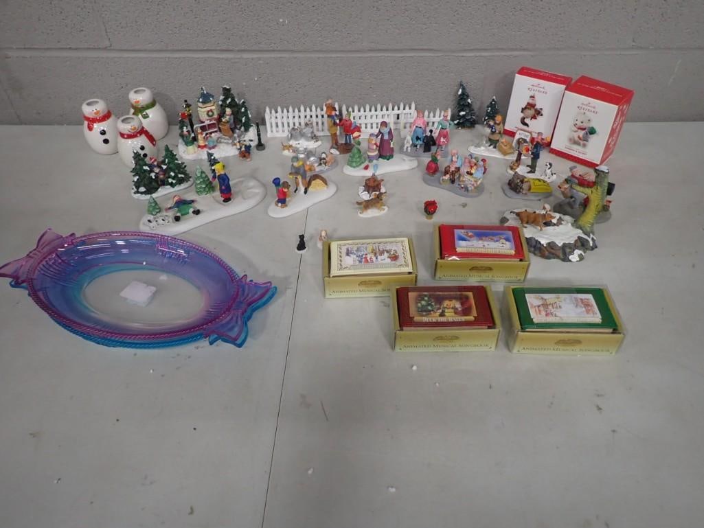Christmas Lot, etc. Including Hallmark Keepsake, Musical Songbooks, Lemax: Christmas Lot, etc. Including Hallmark Keepsake, Musical Songbooks, Lemax Figurines, Marquis by Waterford Crystal Teal and Purprle Platters, etc. All pictures are considered part of the descripti