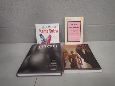 Adult book lot including Sock Monkey Kama Sutra, Man Photographs of the male nude, Secret Erotic Pai