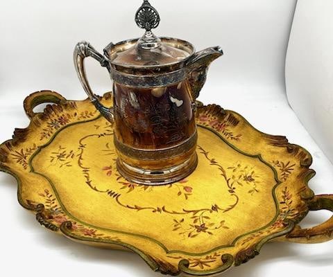 Large Ornate Hand Painted Serving Tray by Castilian with Large Silver Plated Pitcher (1 of 7)