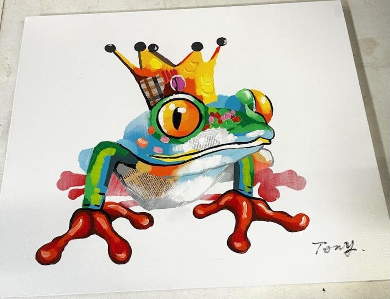 Pop Art Frog Painting Oil on Canvas Signed Tony 20" x 24": Pop Art Frog Painting Oil on Canvas Signed Tony 20" x 24" All pictures are considered part of the description and should be examined carefully by bidders. Live Auctioneers is now offering Li