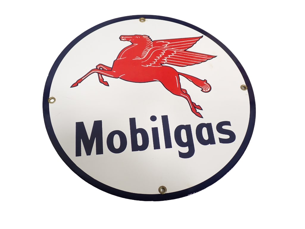 Mobilgas Pegasus Porcelain Advertising Sign 11.5": Mobilgas Pegasus Porcelain Advertising Sign 11.5" . Great condition. All pictures are considered part of the description and should be examined carefully by bidders. Live Auctioneers is now 