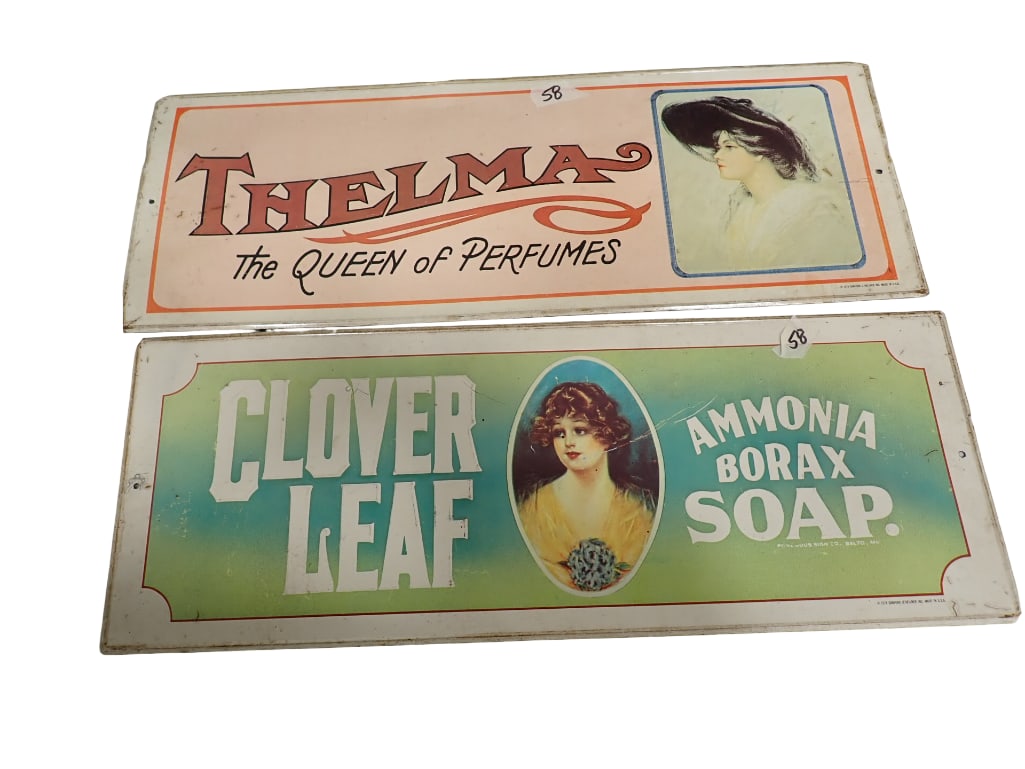 2 Vintage Perfume and Clover Soap Advertising Signs 7"x19" (1 of 16)