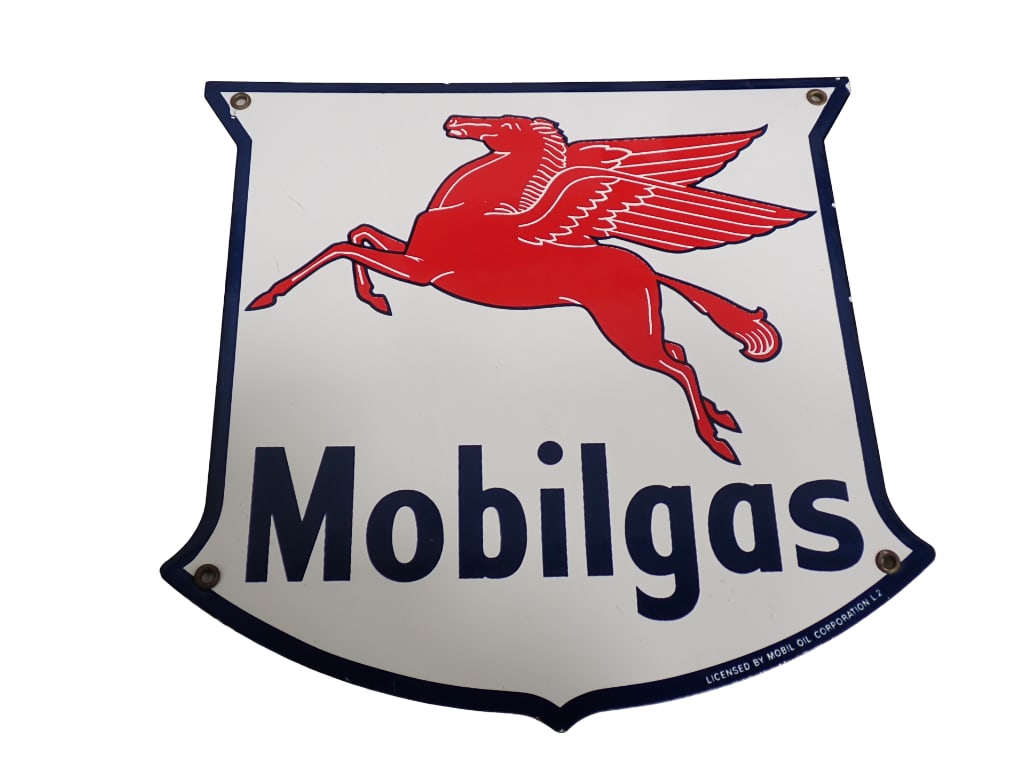 Mobilgas Pegasus Porcelain Advertising Sign 12" x 12": Mobilgas Pegasus Porcelain Advertising Sign 12" x 12". Nice condition. All pictures are considered part of the description and should be examined carefully by bidders. Live Auctioneers i