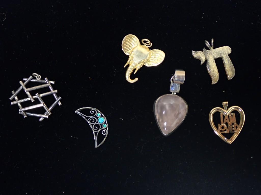 Lot of 6 Sterling Silver Pendants incl Modernist, Elephant, and More (1 of 9)
