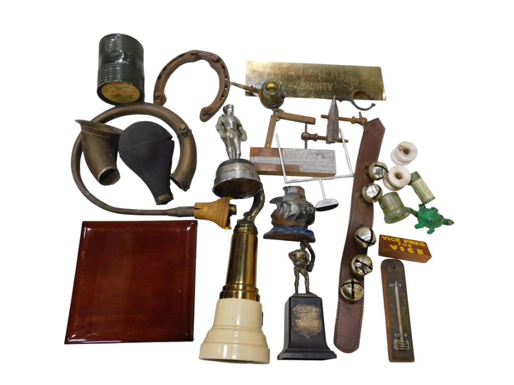 Lot of Misc incl Antique Trophies, Car Horn, Junk Drawer Treasures, and More (1 of 4)