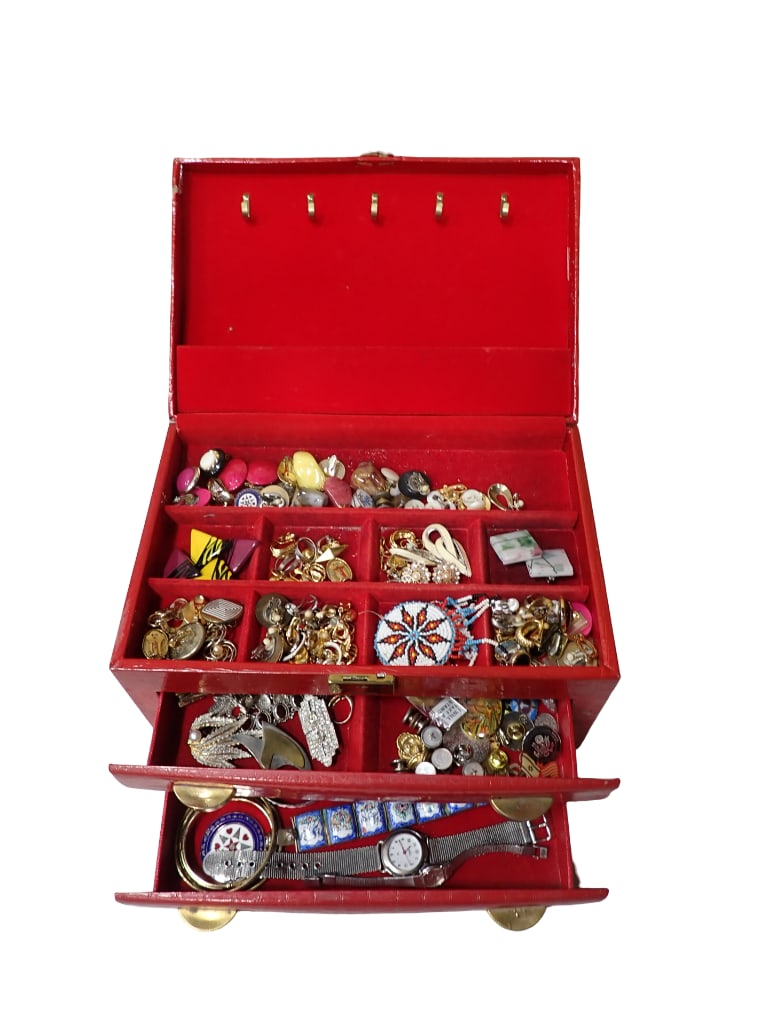 Vintage Red Jewelry Box with Costume Jewelry (1 of 8)