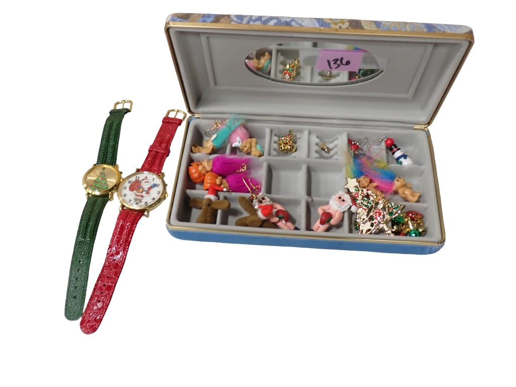 Jewelry Box with Holiday Earrings, Brooch, plus Trolls, Christmas, Etc: Jewelry Box with Holiday Earrings, Brooch, plus Trolls, Christmas, Etc. Condition: watches are untested. All pictures are considered part of the description and should be examined carefull