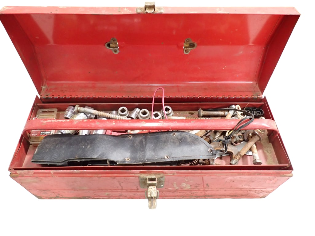Old Toolbox with Sockets, Hunting Knife, Clamps, and More: Old Metal Toolbox with Sockets, Hunting Knife, Clamps, and More All pictures are considered part of the description and should be examined carefully by bidders. Live Auctioneers is now offering Live S