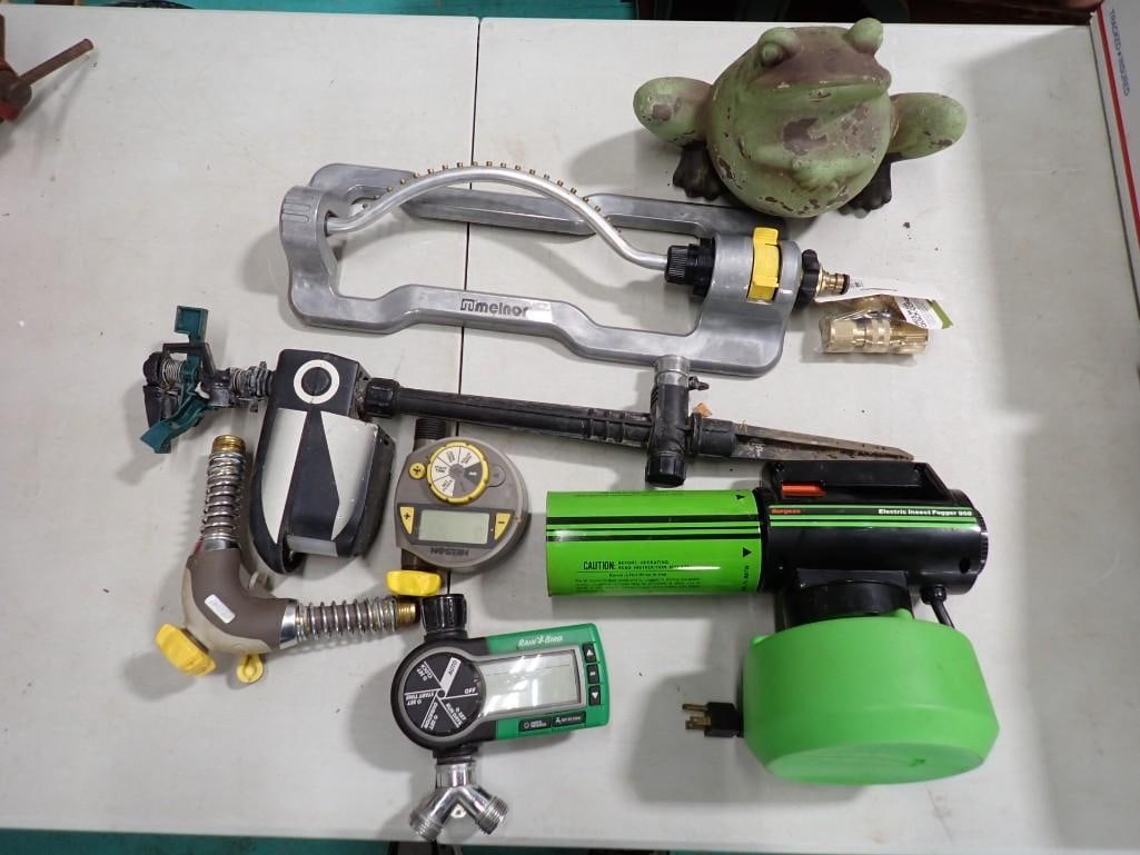 Lot of Lawn Sprinklers incl Nelson, Melnor, Rain Bird, & Mosquito Fogger: Lot of Lawn Sprinklers incl Nelson, Melnor, Rain Bird, & Mosquito Fogger All pictures are considered part of the description and should be examined carefully by bidders. Live Auctioneers is now of