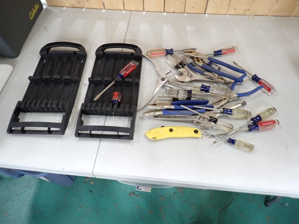 Lot of  Mostly Craftsman Tools incl Screwdrivers, Vice Grip, and More with Storage Hangers (1 of 6)