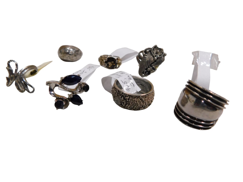 Lot of 7 Sterling Silver Rings including smokey topaz, quartz, textured, etc. see pictures for sizes (1 of 6)