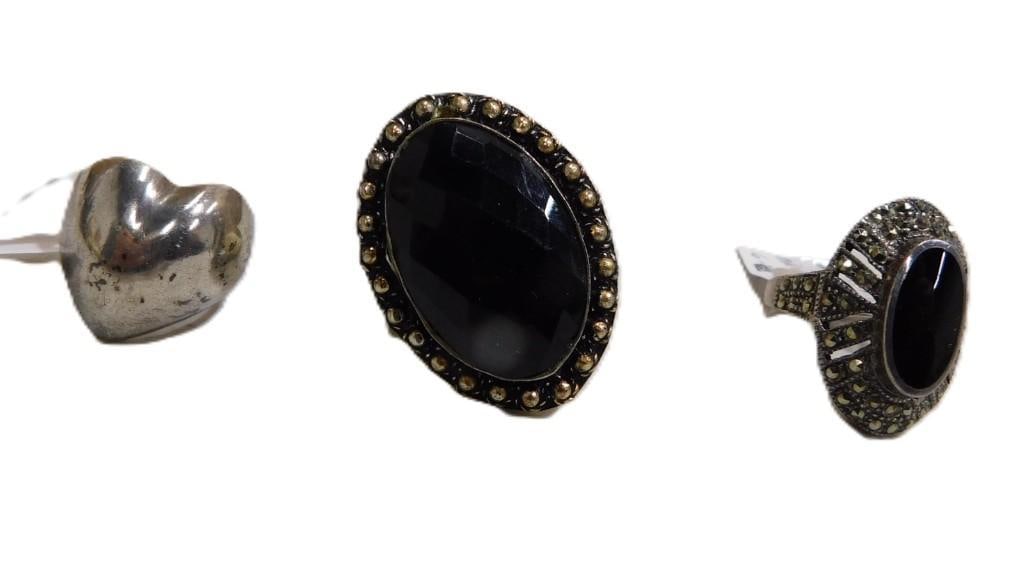 Three Sterling Silver Rings including Onyx Marcasite, Sizes 5, 6 and 7.5 (1 of 5)