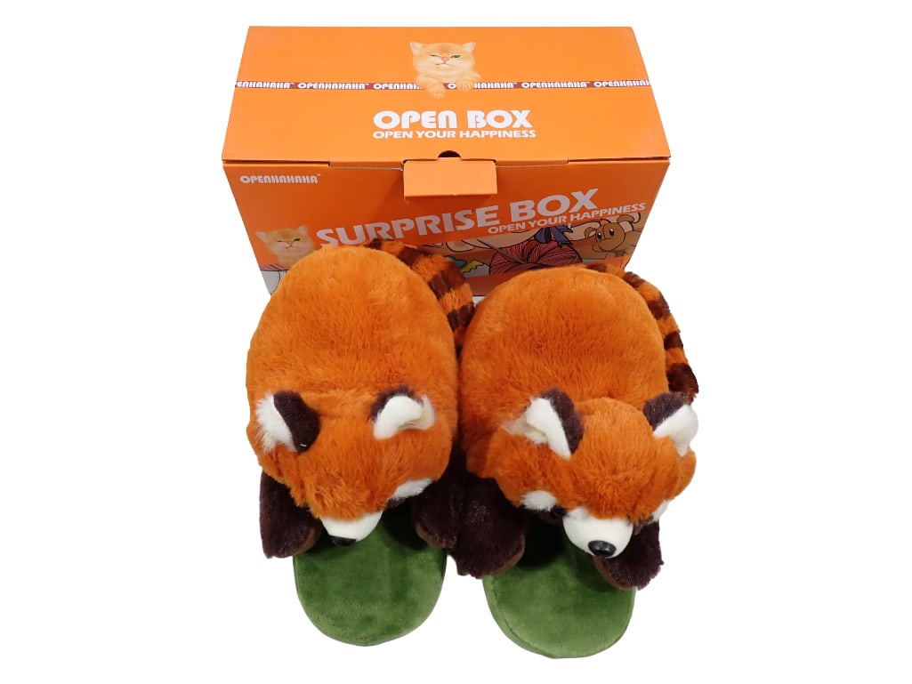 Raccoon Slippers New in Box OpenHaHaHa Surprise Box Brand Kids Size: Raccoon Slippers New in Box OpenHaHaHa Surprise Box Brand Kids Size. Box is marked "Raccoon" in marker on the side. All pictures are considered part of the description and should be exam