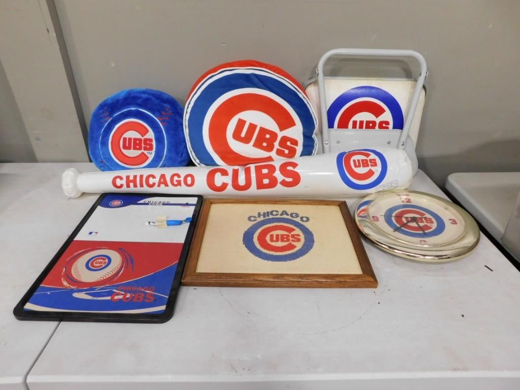 Chicago Cubs Collectibles Lot including Framed Stitching, Clock, Marker Board, Seat Cushions, Inflat (1 of 6)